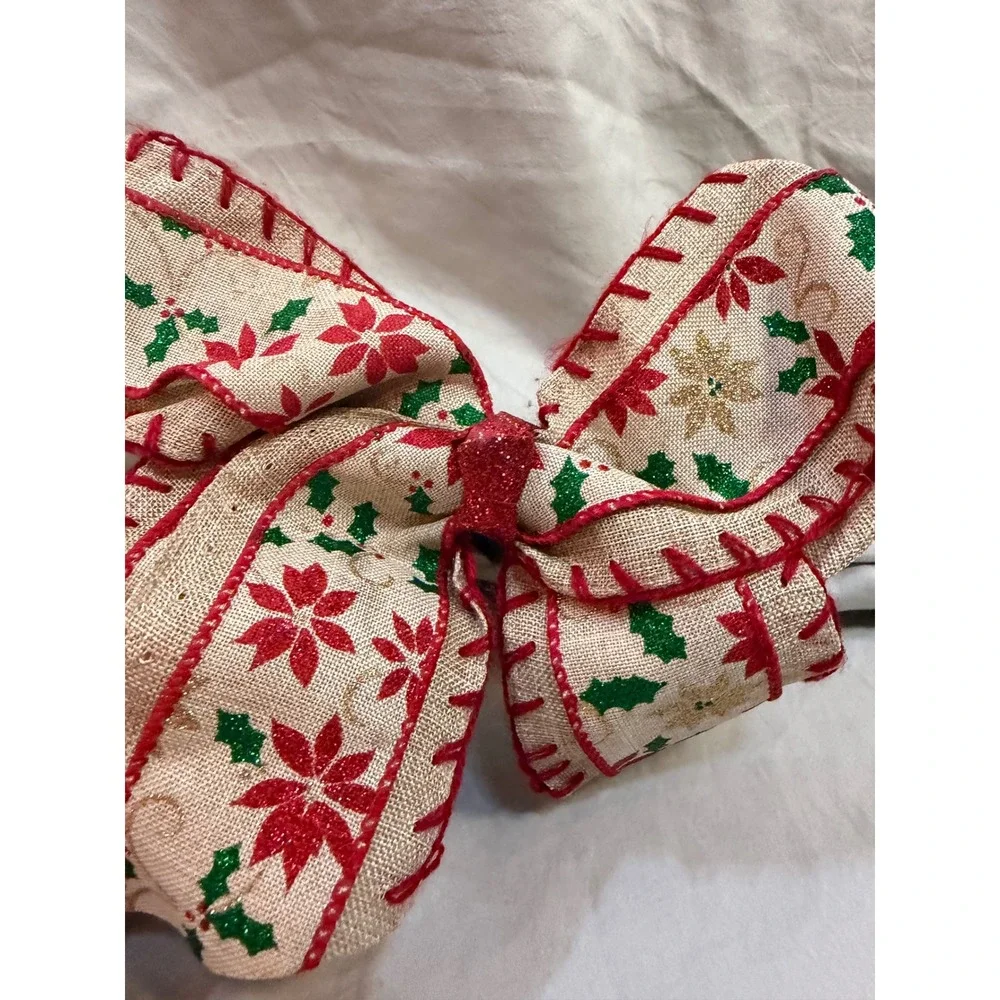 Christmas Poinsettia Burlap Hair Bow Red Green Gold Glitter French Barrette Clip